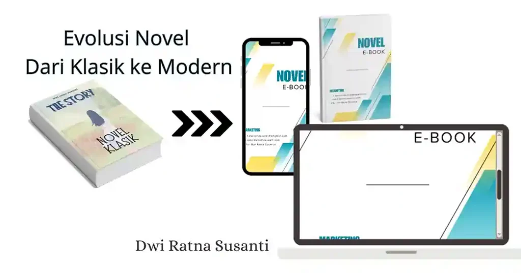 Ilustrasi evolusi novel dari era klasik ke era modern, menampilkan perbedaan gaya, tema, dan format dalam dunia sastra.